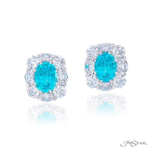 Paraiba and diamond studs featuring 2 certified oval paraibas encircled by round and oval diamonds in a shared prong setting.5861-005