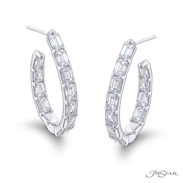 Diamond hoop earrings featuring 22 emerald-cut diamonds in a shared prong setting.2365-029