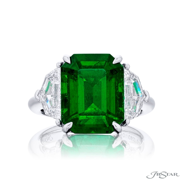 Emerald and diamond ring featuring a stunning cerified 6.14 ct. vivid green emerald-cut emerald. 0283-106