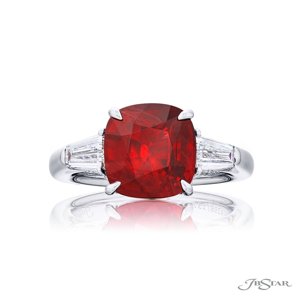 Ruby engagement ring featuring a 5.02 ct.certified cushion ruby center embraced between two tapered baguette diamonds. 4398-137