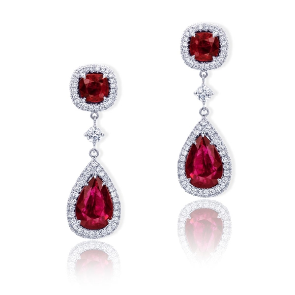 5.64 pear Burmese ruby and 2.45 cushion ruby and diamond earrings.jpg