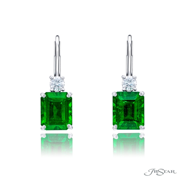 Emerald and diamond earrings featuring 2 brilliant vivid green octagonal step cut emeralds with round diamond. 1199-126