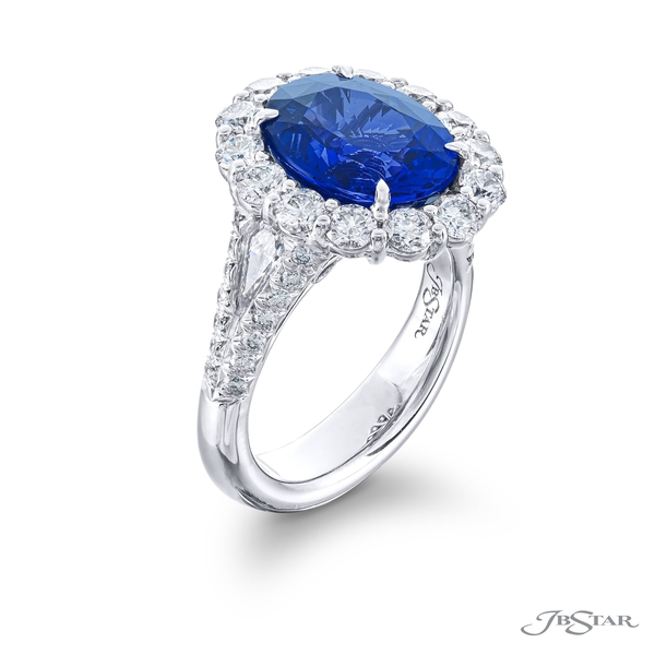 Sapphire and diamond ring featuring a 6.71ct. no-heat oval Burma sapphire encircled by brilliant round and kite diamonds7426-001v2