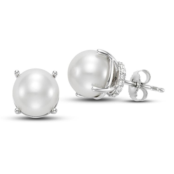 G19080EW.1 14KT White Gold 8-8.5MM White Freshwater Pearl Earrings with 36 Diamonds 0.12 TCW