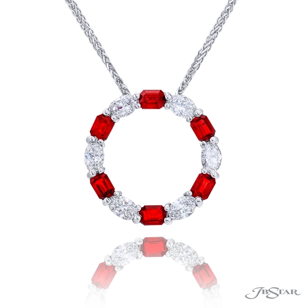Circle pendant featuring 6 emerald-cut rubies and 6 oval-cut diamonds in a shared prong setting. 7521-033