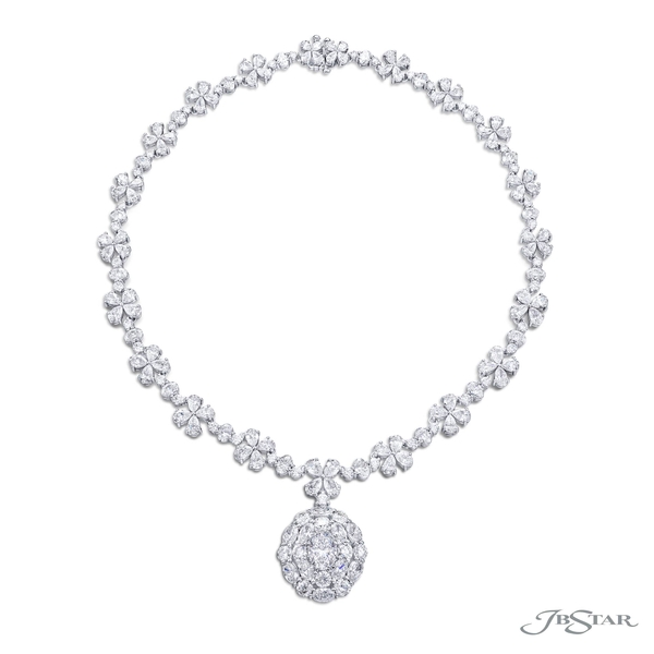 Floral-design diamond necklace comprised of 65.80 cttw pear-shape, oval and round diamonds suspending a stunning oval diamond pendant. Handcrafted in pure platinum.3675-006v2