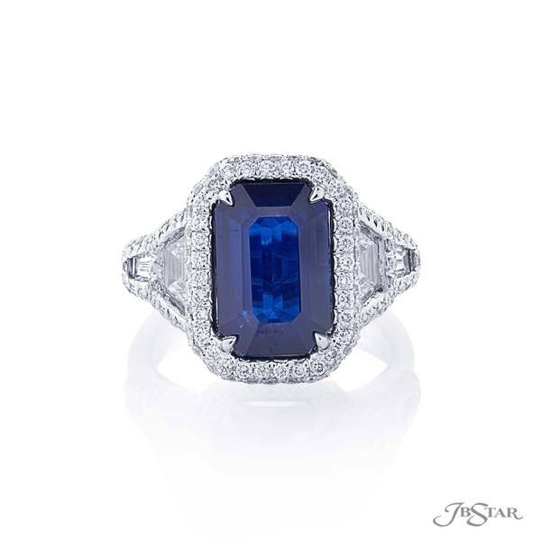 Sapphire and diamond ring featuring a magnificent 4.49 ct Sri Lankan emerald-cut sapphire in a beautiful setting of trapezoid and baguette diamonds.7140-020