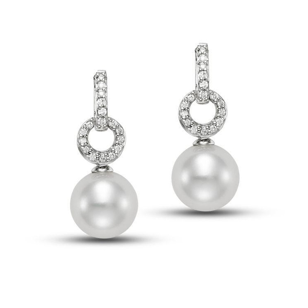 G19009EW. 14KT White Gold 7-7.5MM White Freshwater Pearl Drop Earrings with 32 Diamonds 0.10 TCW