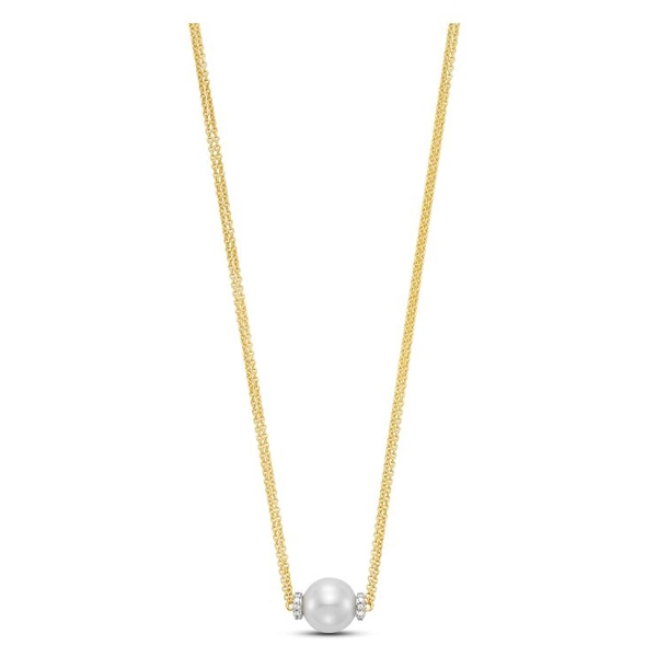 M17039NW-8 18KT Yellow Gold 9-9.5MM White Freshwater Pearl Necklace with 22 Diamonds 0.12 TCW, 18 Inches
