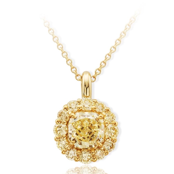 fancy yellow diamond pendant featuring a 1.36 ct. GIA certified cushion cut fancy yellow diamond center encircled by fancy yellow round diamonds.jpg