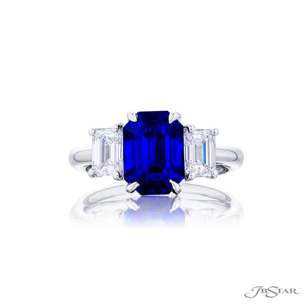 Sapphire and diamond ring featuring a certified 3.84 ct CDC emerald-cut sapphire set with half-moon diamonds.4783-107