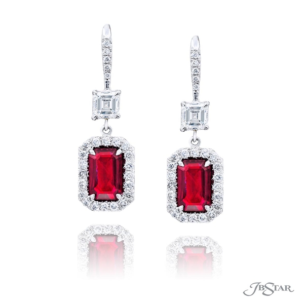 Ruby and diamond earrings handcrafted with 3.82 cttw emerald-cut rubies encircled with micro-pave diamonds. 0503-002