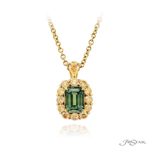 Gorgeous green sapphire and diamond pendant featuring a 4.17 ct. certified no-heat emerald-cut green sapphire encircled by round fancy yellow diamonds. Handcrafted in 18KY gold.0783-033