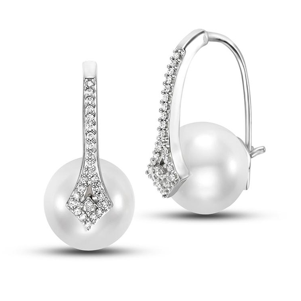 M19069E-8W.1.1 14KT White Gold 10.5-11.5MM White Freshwater Pearl Hoop Earrings with 50 Diamonds 0.16 TCW