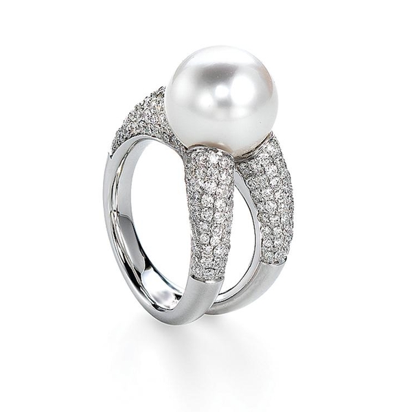 SWR-30241 18KT White Gold 12MM White South Sea Pearl Ring with 188 Diamonds 1.77 TCW