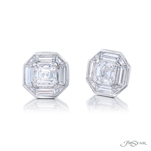Diamond studs featuring 2 GIA certified square emerald-cut diamonds channel set with tapered baguette diamonds. Handcrafted in pure platinum.5859-001