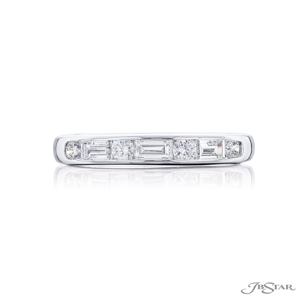 Wedding band featuring emerald-cut and round diamonds in a center channel.4493-006