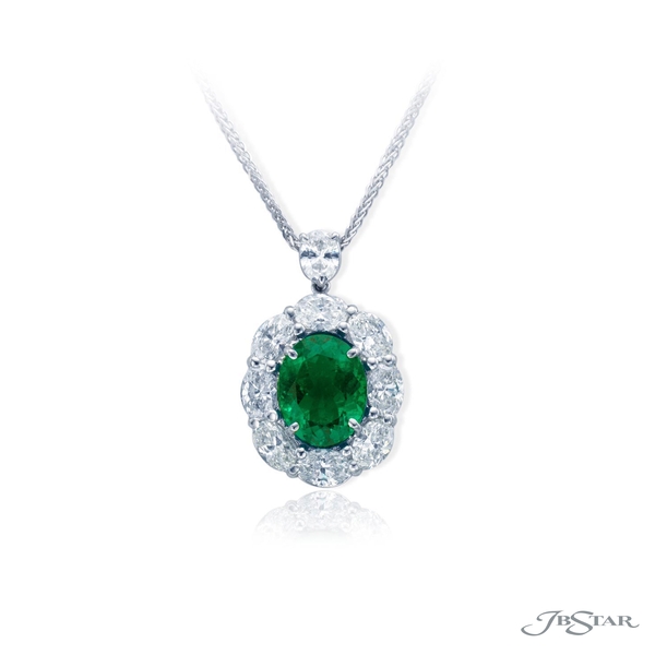 Emerald and diamond pendant featuring a 2.77 ct certified CDC oval emerald encircled by oval diamonds and hung by a oval diamond. 0779-020