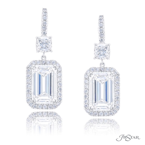Diamond drop earrings featuring 10.63 cttw. GIA certified emerald cut diamond centers surrounded by micro pave diamonds and hung by two cushion cut diamonds. 0164-012