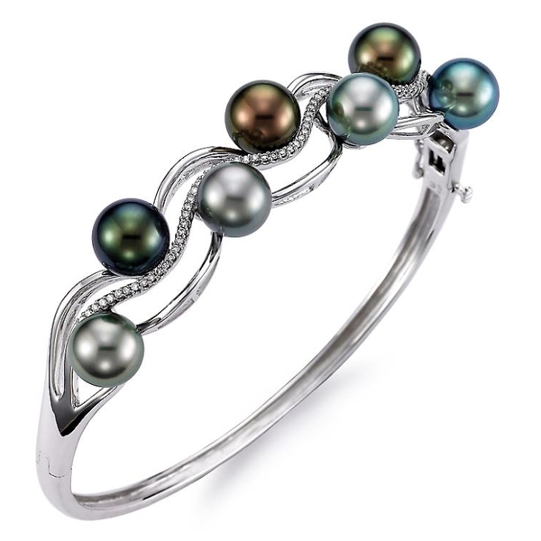 BR2909-8W. 18KT White Gold 8-8.5MM Multicolor Black Tahitian Pearl Bracelet with 66 Diamonds 0.35 TCW