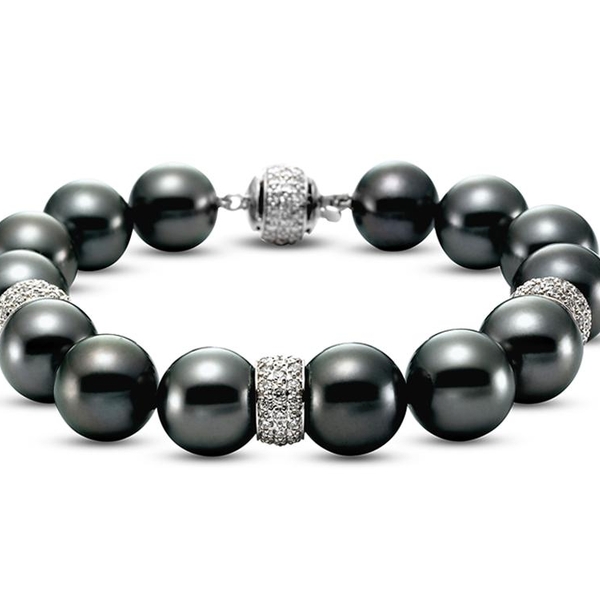 SBB-30741. 10.5-11MM Black Tahitian Pearl Bracelet with 18KT White Gold Clasp & Diamond Rondelles 1.54 TCW