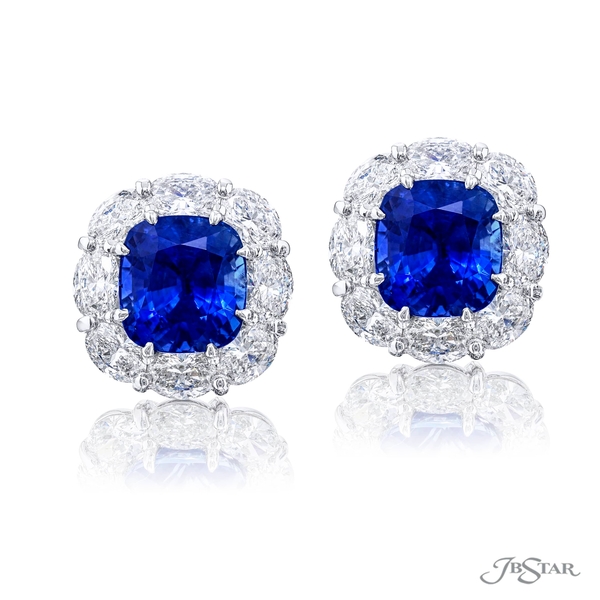 Sapphire and diamond earrings featuring certified no-heat Sri Lankan cushion-cut sapphires encircled by oval diamonds. 0779-069