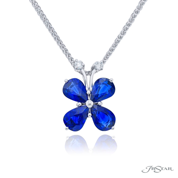 Blue sapphires and diamond butterfly design pendant featuring 3.16 cttw pear shaped sapphires with round diamond accents 5707-003