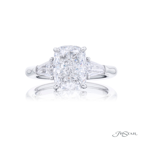 3.42 ct. GIA certified cushion diamond center set between two tapered baguette diamonds. 4398-140