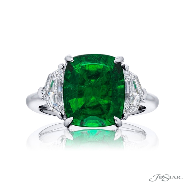 Emerald and diamond ring featuring a certified 3.97 ct cushion-cut Zambia emerald set with epaulette diamonds. 0283-108