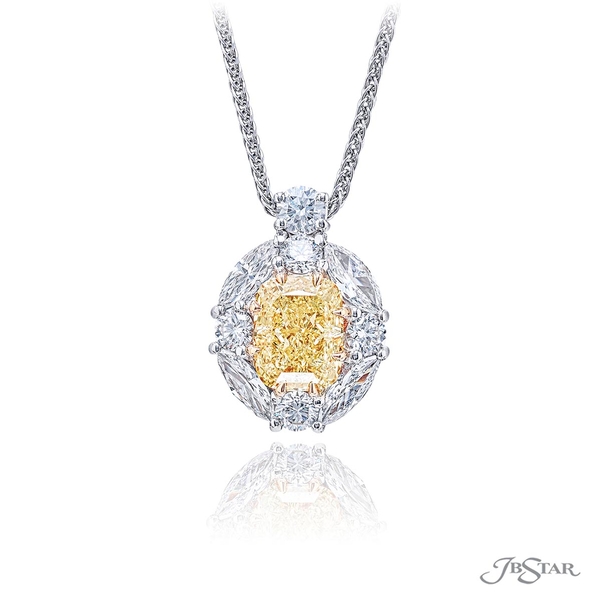 Fancy yellow diamond pendant featuring a 2.55 ct. GIA certified cushion cut fancy yellow diamond center encircled by marquise diamonds and hung by a round diamond.2439-001