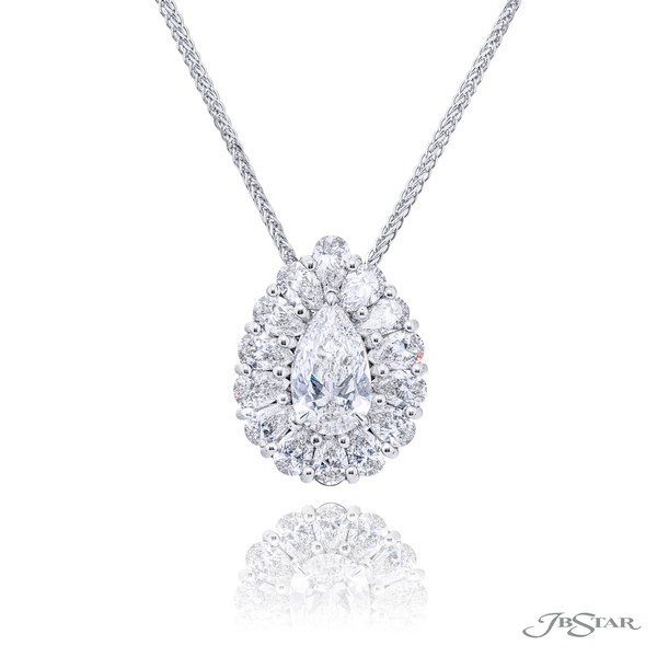 Pear shape diamond pendant featuring a 1.71 ct. GIA certified pear-shaped diamond encircled by pear-shaped diamonds.3286-002