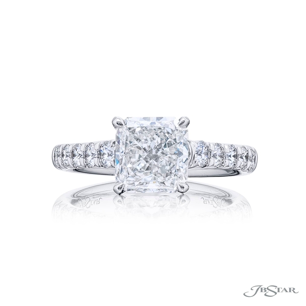 2.01 ct. GIA-certified radiant-cut diamond center with round diamonds in a pave setting. 0455-002