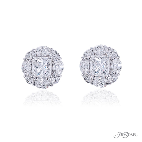 Diamond stud earrings featuring 2.02cttw GIA certified princess-cut diamond centers encircled by brilliant oval diamonds handcrafted in platinum. 0779-049