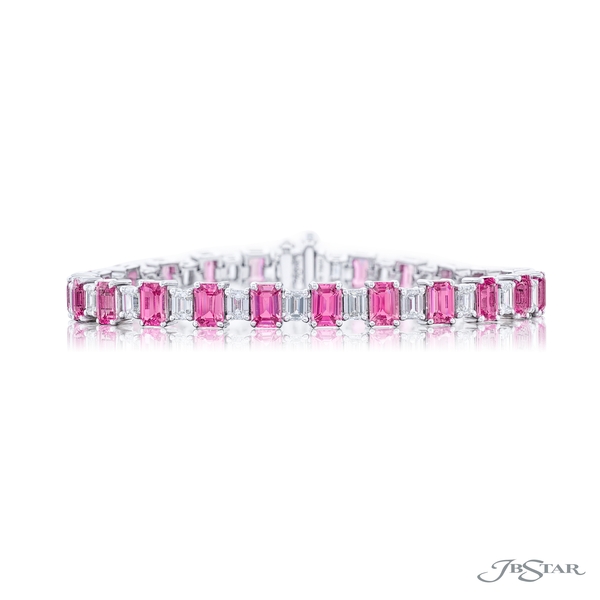 Pink sapphire and diamond bracelet featuring emerald-cut pink sapphires and emerald diamonds in a shared prong setting. 7568-001