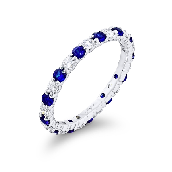 Sapphire and diamond eternity band featuring round diamonds and round sapphires in an alternating design.7029-006v2