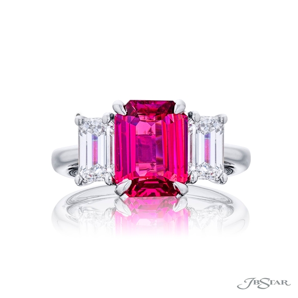 Pink sapphire and diamond ring featuring a certified 3.32 ct CDC emerald-cut pink sapphire set with emerald-cut diamonds.4783-108