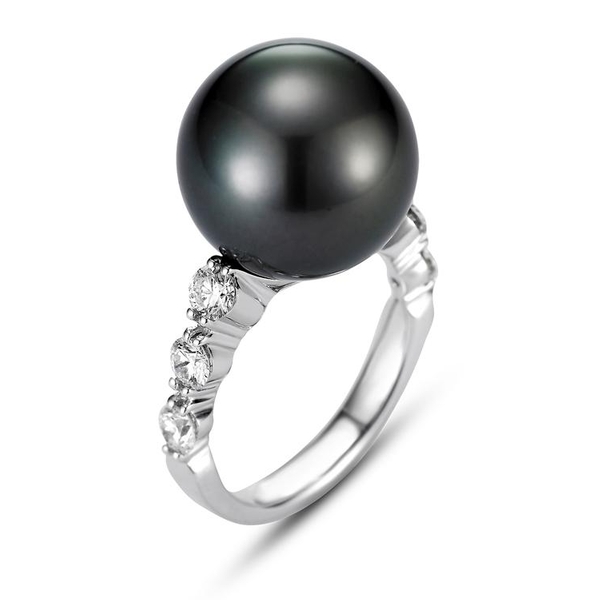 SBR-30671 18KT White Gold 14.1MM Silver Tahitian Pearl Ring with 6 Diamonds 0.75 TCW