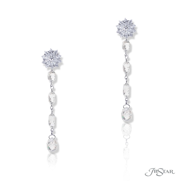 Diamond drop earrings featuring briolette diamonds and hung by kite diamonds. 5329-001