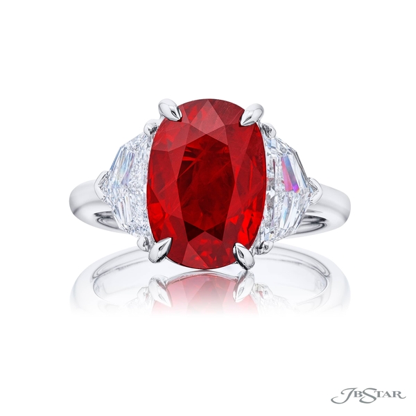 Ruby and diamond ring featuring a stunning GRS certified Burmese vivid-red 6.08 ct cushion-cut ruby. 0283-054