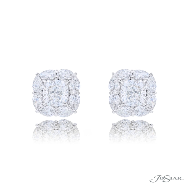 Diamond stud earrings featuring 2 cushion-cut diamonds encircled by pear diamonds.2312-003