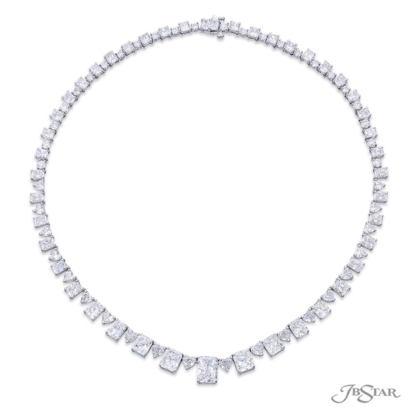 Diamond necklace featuring a 3.18 ct. certified radiant-cut diamond center embraced by additional radiant-cut diamonds and beautiful heart shaped diamonds. 1730-008v2
