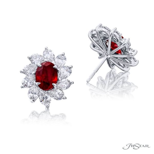 Ruby center and diamond earrings featuring two oval rubies 2.00 cttw CDC certified oval ruby in a stunning flower design.3312-001