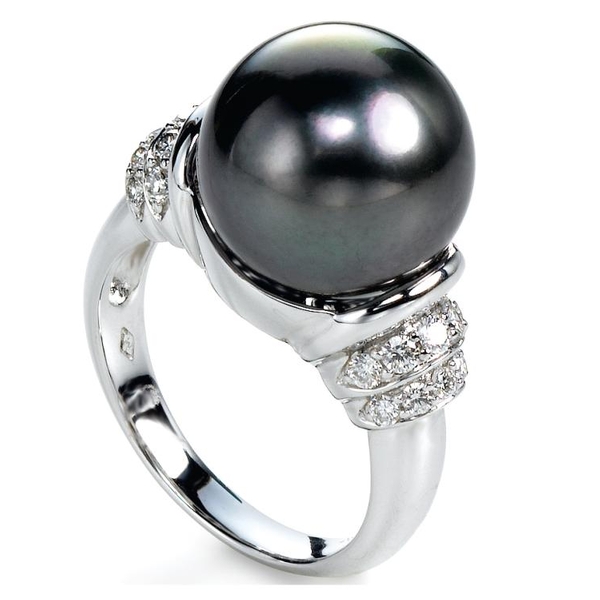 SBR-3179 18KT White Gold 13-14MM Black Tahitian Pearl Ring with 16 Diamonds 0.39 TCW