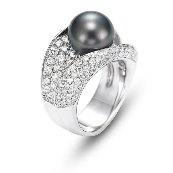 SBR-30111 18KT White Gold 10-10.5MM Black Tahitian Pearl Ring with 228 Diamonds 2.42 TCW