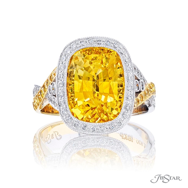 Yellow sapphire and diamond ring featuring a 7.99ct no-heat cushion-cut yellow sapphire handcrafted in a fancy yellow and white diamond pave. Platinum 18KY.1234-034