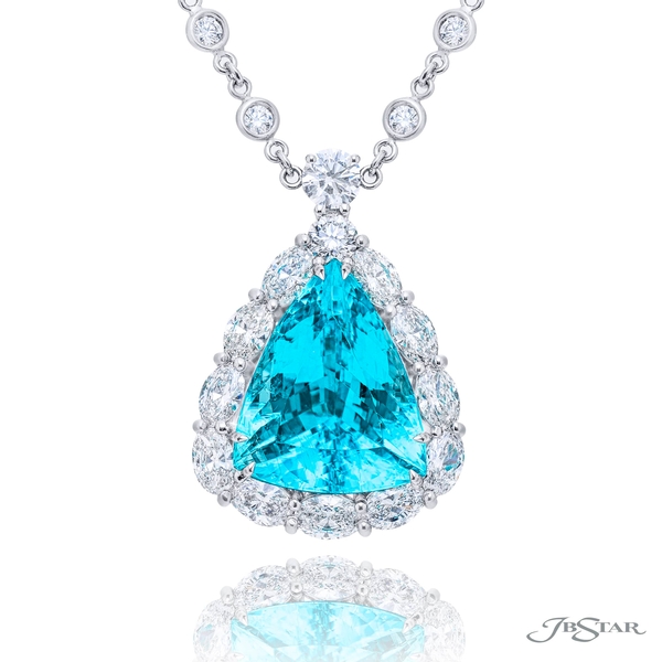 Paraiba and diamond pendant featuring one 16.69 ct. GIA certified triangular shaped Paraiba encircled by oval and round diamonds. Handcrafted in pure platinum.7290-024