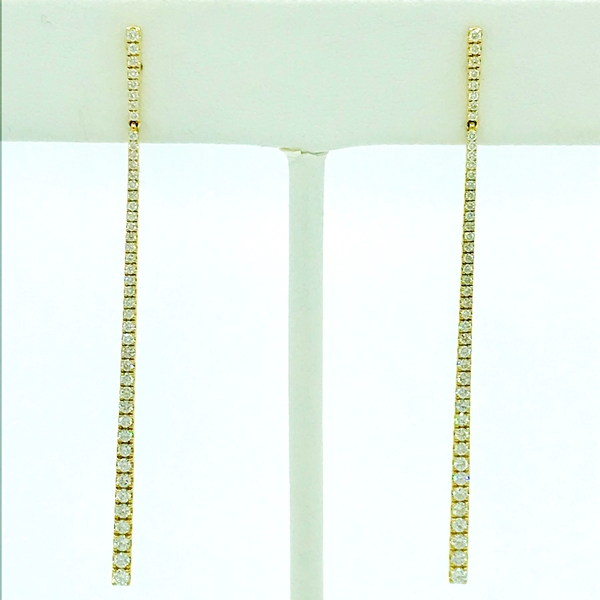 yellow gold and round brilliant cut diamond drop bar earrings