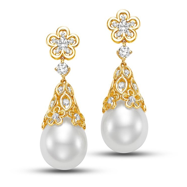SI2003E-8 18KT Yellow Gold 12.8-14.2MM White South Sea Pearl Drop Earrings with Diamonds 1.15 TCW