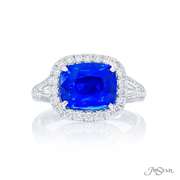 Sapphire and diamond ring featuring a 4.75 ct. certified vivid Sri Lankan cushion-cut sapphire center in an east to west design. 5227-007