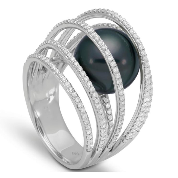 SBR-3177-1 18KT White Gold 11MM Black Tahitian Pearl Ring with 234 Diamonds 0.81 TCW